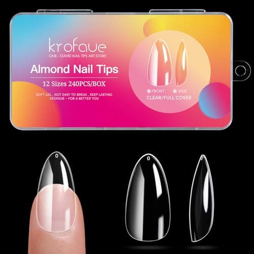 Krofaue 240PCS Short Almond Nail Tips, Soft Gel Full Cover, 12 Sizes | No crease soft gel, pre-shaped smooth edge, 12 sizes with box, easy to press