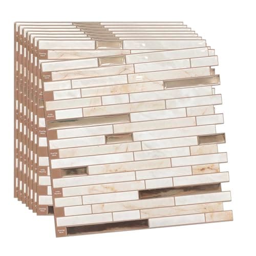 10-Sheet Peel and Stick Backsplash Tile Sticker Vinyl Wall Covering for Kitchen, Bathroom, Counter Top (12"x12", Stone Beige with Metal Copper)