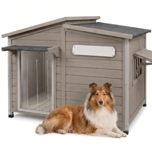 Ketive 43" L Outdoor Extra Large Dog House with Removable Floor, Raised Feet, Anti-Chewing Iron Frame – Wooden Kennel with Asphalt Roof, Window for