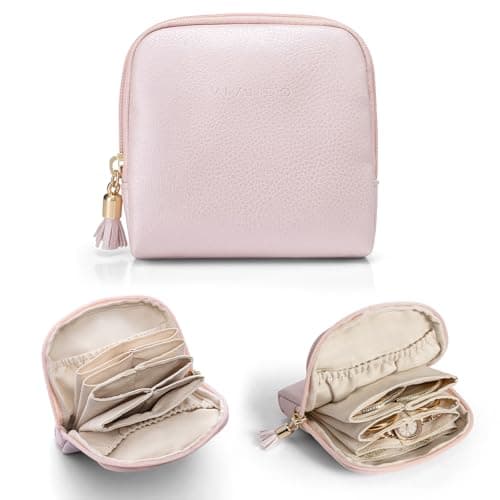 VLANDO Small Travel Jewelry Case,Velvet Pouch Bags with Zipper,Pearl Pink | Travel Essentials,PU Leather Organizer with 5 Divided Sections,Carry-On