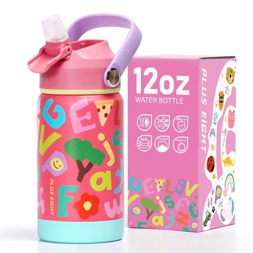 Kids Insulated Water Bottle with Straw Lid, 12 oz BPA-FREE Double Wall Vacuum Tumbler 18/8 Stainless Steel Leak Proof Kids Cups with Straw for School