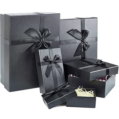 Gift Boxes with Lids for Presents, Set of 5 Black Gift Boxes, Pre-warpped Nesting Boxes for Gifts, Luxury Gift Box for Father's Day, Anniversaries,