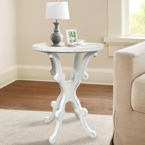 Rustic Farmhouse Round Side Table Small Wooden Accent End Table with Distressed Retro Tray Top and Concave Legs for Bedroom, Living Room,Entryway