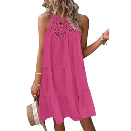 Wkior Womens Summer Dresses 2025 Casual Halter Sleeveless Flowy Mini Dress Tiered Pleated Beach Sundress