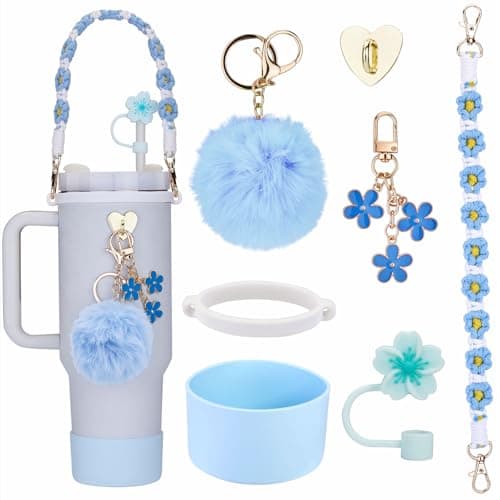 Accessories for Stanley Cup 40oz Tumbler, Including Tumbler Strap, Silicone Cup Boot, Silicone Straw Cover, Charms, Blue