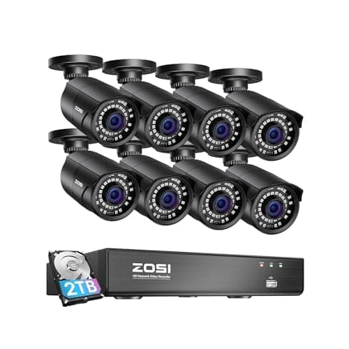 ZOSI 8 Channel 8MP 4K PoE Home Security Camera System Outdoor, 8 x Wired 5MP(3K) Bullet PoE IP Cameras, 8CH PoE NVR (16CH Expandable) with 2TB HDD for