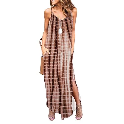 HUSKARY Women's Summer Casual Sleeveless V Neck Strappy Split Loose Dress Beach Cover Up Long Cami Maxi Dresses with Pocket