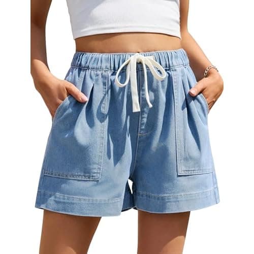 Eddoyee Jean Shorts for Women High Waisted Drawstring Pull On Denim Shorts | 4 Patch Pockets | 3-4 In Inseam | Wide Leg Cut | Elastic Waist Pleats |