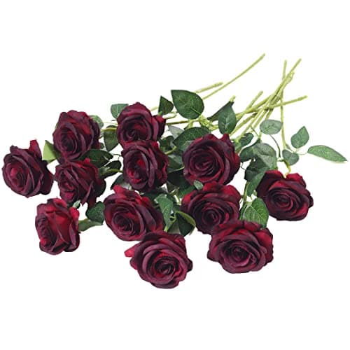 Laelfe 12 PCS Artificial Flowers Roses Silk Flowers Fake Long Stem Artificial Roses for Home Wedding Bathroom Kitchen Decorations (Wine Red)