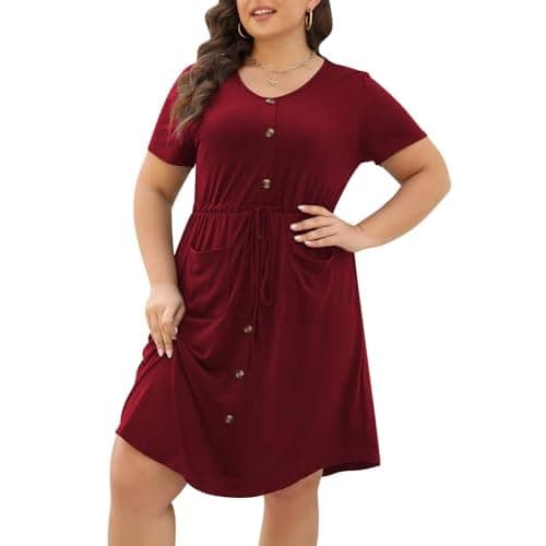 Celkuser Plus Size Summer Casual Midi Dresses for Women Short Sleeve V-Neck A-Line Dress with Belt and Pockets 2024 Wine 24 Plus