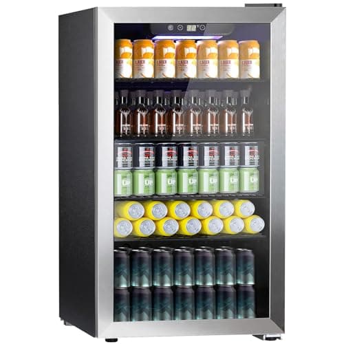 COWSAR Wine Cooler, 26 Bottle 130 Can Beverage Refrigerator, ETL Approved Mini Drink Fridge Clear Glass Door Quiet Compressor Adjust Temp 3.2 Cu.Ft