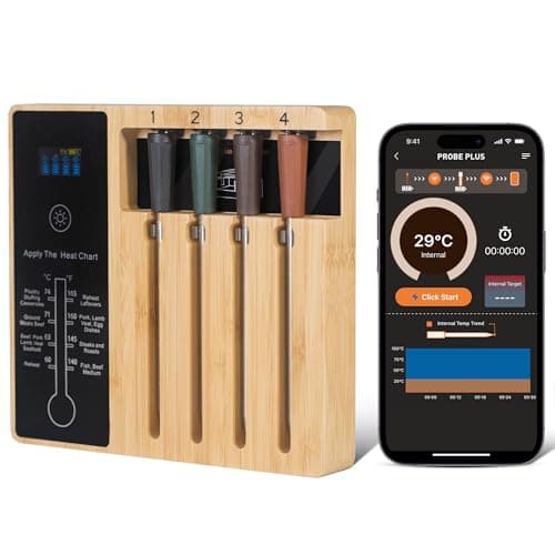 4-Probe Premium Wireless Meat Thermometer: Perfect for BBQ, Oven, Grill. iOS & Android Apps, Apple Watch & Alexa Ready. Dishwasher Safe. 4 Teak