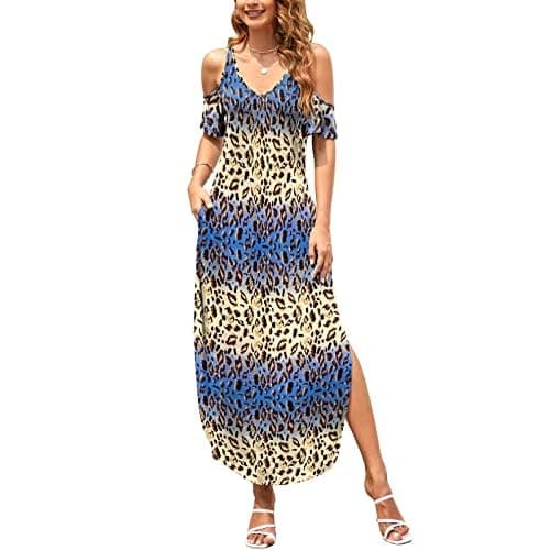 HUSKARY Women's Summer Maxi Dresses Cold Shoulder Short Sleeve Long Dress | V-Neck Casual Elegant Flowy Trendy Loose Tropical Dress with Split and