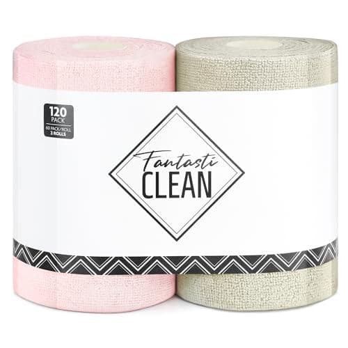 Fantasticlean Microfiber Cleaning Cloth Roll 120 Pack, Pink and Off-White | Tear Away Towel Roll 8" x 8", Reusable Paper Towels, Rags for Kitchen,