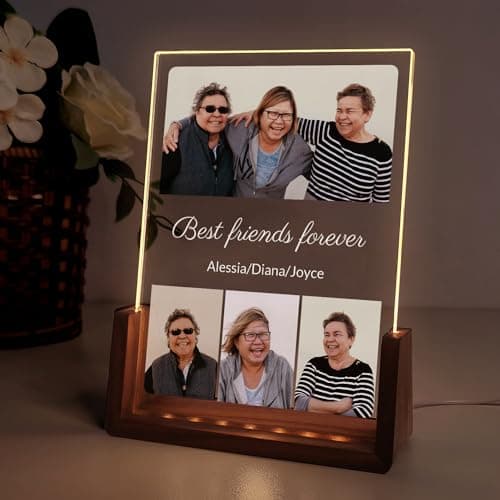 Custom Acrylic Picture Frame with LED, Personalized Walnut Photo Frames Night Light for Women,Dad, Customized Photos Plaque Birthday Gifts for