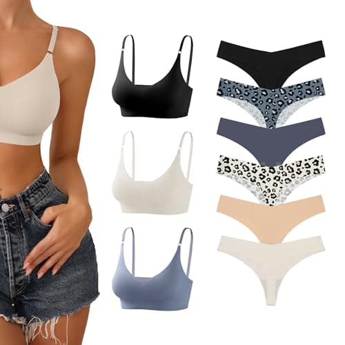 DEANGELMON V Neck Padded Bralettes Seamless Bra and Women Seamless No Show Thongs Pack(Size L)