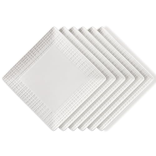 Square Dinner Plates, Set of 6, 6 Inch White Ceramic, Embossed Crisscross, Safe for Dishwasher, Microwave and Oven