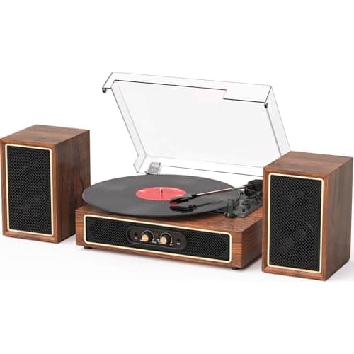 Vinyl Record Player with External Speakers, 3-Speed Bluetooth Input Turntable, PC Recording, Stereo Speakers, RCA Out, AUX in, Auto Stop, Gold Trim,