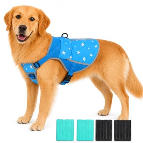 Dog Cooling Vest Harness 4 PCM Ice Packs Up to 3+ Hours | Cooling vest for dogs with PCM ice packs, for medium to large dogs, Easy to wear for walking