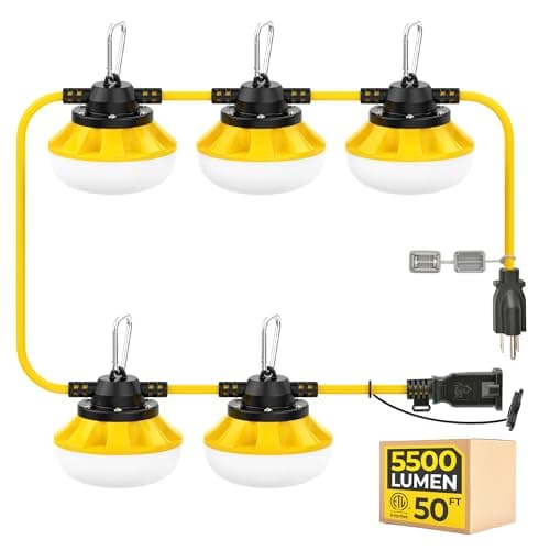 50FT 50W LED Work String Lights, 3Prong Construction Lights, ETL Listed | Linkable Up to 16 sets, 18/3 SJTW Cord, IP65 Waterproof, Outdoor Temporary
