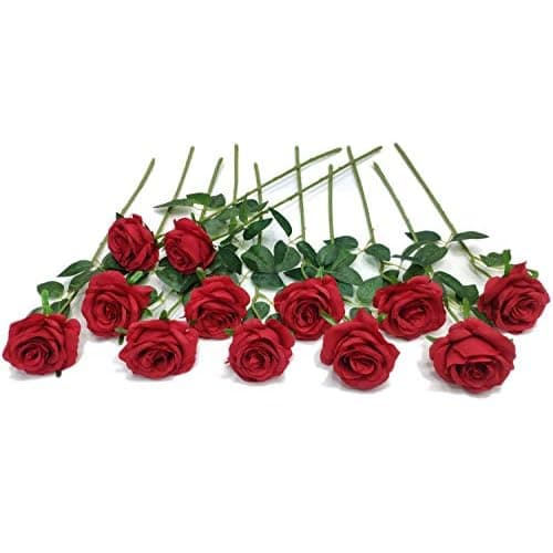 Laelfe 12 pcs Artificial Red Roses Flowers Long Stem Fake Silk Rose for Home Wendding Decorations(Red)