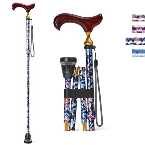 Rehand Walking Cane for Women & Men - 5 Level Adjustable Height，Foldable，Lightweight，Floral，Wooden Handle ，Collapsible Walking Sticks for