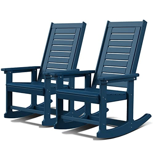 GREENVINES Oversized Outdoor Rocking Chairs Set of 2, HDPE Rocker, Blue | 21.7" Wide Seat | All Weather | Plastic Porch Chair | High Ladder Back | Big