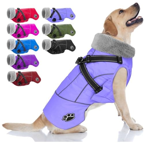 Doglay Dog Coat with Harness, Reflective Warm Dog Jacket Waterproof Puppy Winter Coat for Cold Weather, Adjustable Fleece Jacket for Small Medium