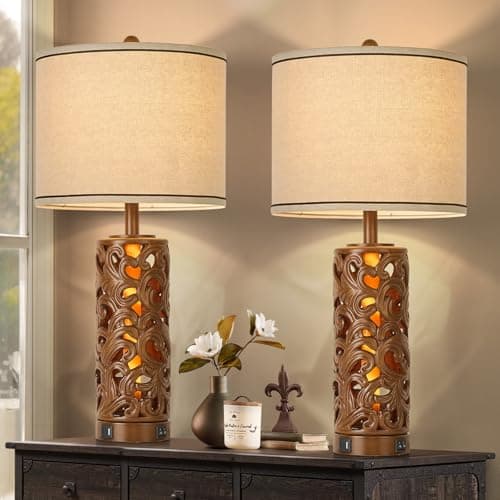 AIDENOEY Set of 2 Farmhouse Table Lamps with 2 USB Charging Ports, Vintage Carved Bedside Lamps with Smart Dimmable Bulbs, Rustic Nightstand Lamps for