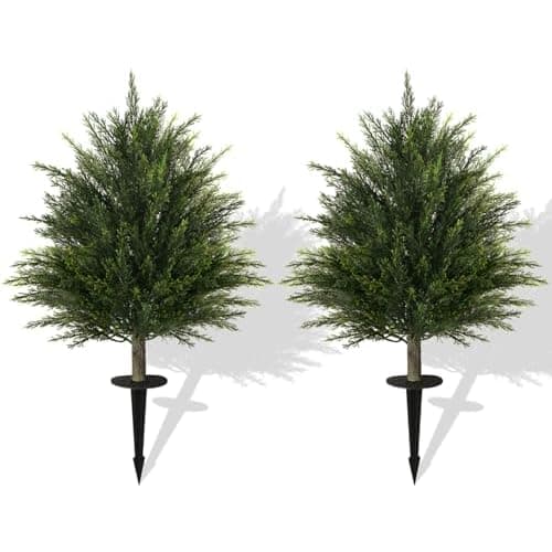 Mavis's Diary 2ft Tall 2 Set Artificial Cypress Topiary Tree, Outdoor Fake Boxwood Cedar Tree with Spike, Indoor Realistic Faux Bushes Plants for Home
