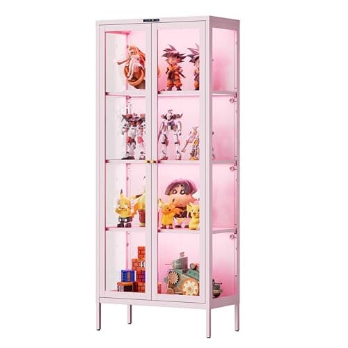 SteeLoong Display Cabinet with Glass Doors,8 Color Lights for Collectibles | Metal Glass Cabinets with 3 Adjustable Shelves,66"Pink Display Case with