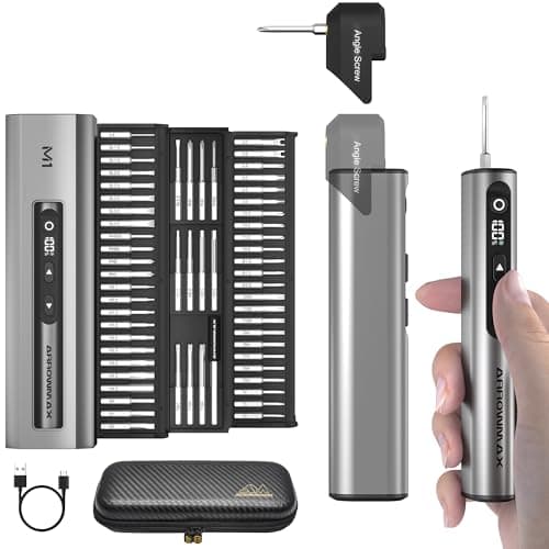 AM ARROWMAX 7.4V Mini Electric Screwdriver & Removable Angle Screw, Precision Electric Screwdriver Set, 60 in 1 Magnetic Bit, 5 Torque Setting,