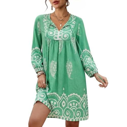 Eddoyee Womens Summer Casual Dresses Boho 3/4 Sleeve Flowy Babydoll Dress | Slightly Loose Fit | Knee Length | V Neck | Floral Print | Dating,