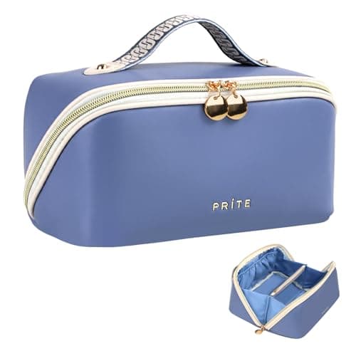 Prite Travel Cosmetic Bag Makeup Organizer Bag For Women Large Capacity Waterproof PU Leather Toiletry Bag with Handle and Clear Divider(Blue)