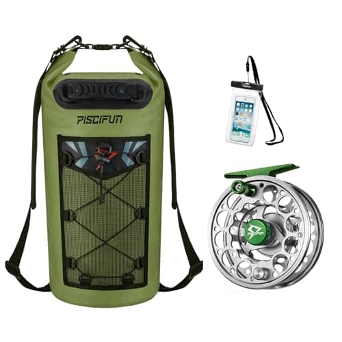 Piscifun Sword Fly Fishing Reel, CNC-Machined Aluminum Alloy Fly Reel, 3/4wt Gunmetal and Piscifun Dry Bag, Waterproof Floating Bag 10L Green
