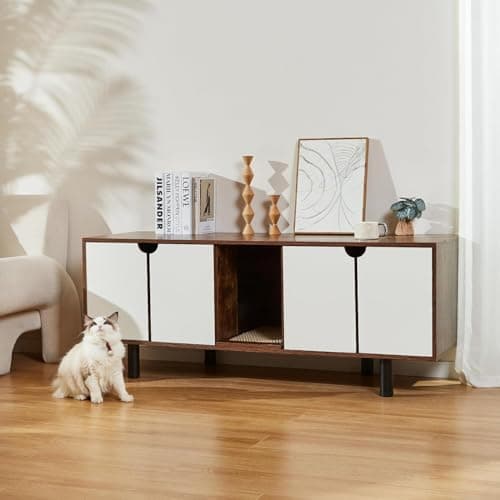 Cat Litter Box Enclosure for 2 Cats, Hidden Cat Litter Box Furniture with Double Room,Indoor Cat Condo TV Stand, Double Litter Box Enclosure,Wooden