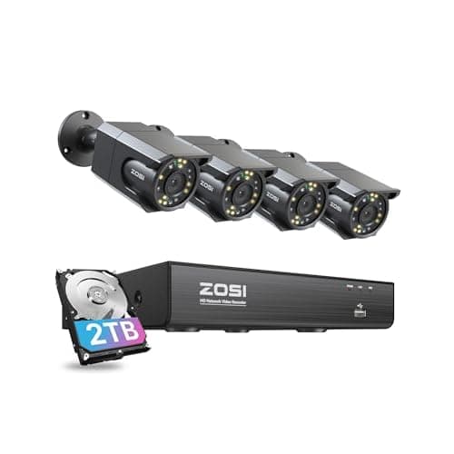 ZOSI 4K 8MP PoE Security Camera System with Audio, 8CH H.265+ NVR, 2TB HDD for 24/7 Recording, 4 x 4K PoE IP Cameras Outdoor Indoor, Starlight Color