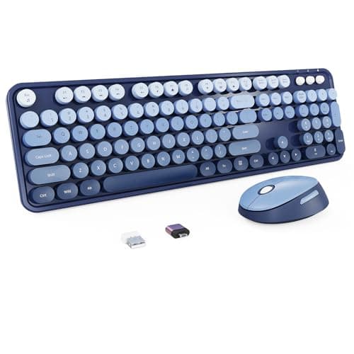 Nowlike Wireless Keyboard and Mouse Combo, Retro Typewriter Keyboard with Round Keycaps, Full-Size Ergonomic, Blue, Ideal for Windows PC, Home,