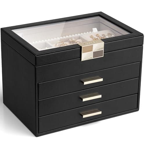 VLANDO Jewelry Box Organizer for Women, 4-Layer Jewelry Storage Case with Glass Lid, Gold Handle, 3 Drawers for Rings, Earrings, Necklaces and