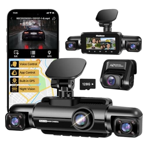 360° Dash Cam Front and Rear Inside, 4 Channel Dash Camera for Car | Free 128GB Card, 5GHz WiFi, 4K Dashcam, GPS, Night Vision 3.0, Voice Control,