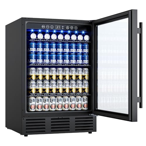 24 Inch Built-In Beverage Cooler for 182 Cans, Under Counter Beer Fridge with Tempered Glass Door & LED Lighting, Freestanding/Integrated Installation