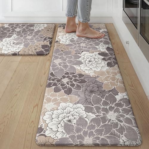 GENIMO Anti Fatigue Kitchen Mats for Floor 2PCS, Cushioned Standing Mats | 17.3"x59"&17.3"x30", Coffee Brown vintage floral rug set, waterproof, non