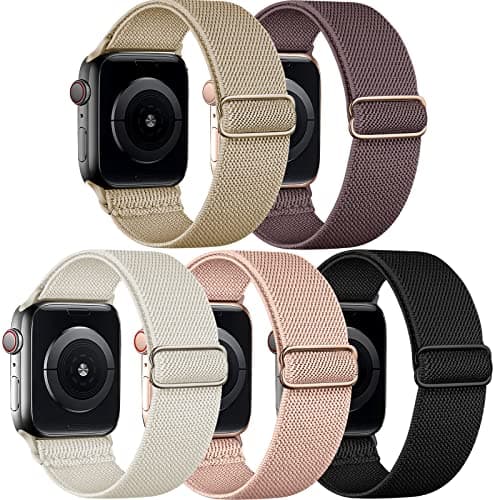 5 Pack Stretchy Nylon Band Compatible with Apple Watch Bands 40mm 41mm 42mm 44mm 45mm 46mm 49mm 38mm for Women Men, Elastic Braided Solo Loop Strap