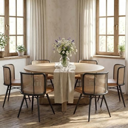 TYBOATLE Farmhouse Rattan Dining Chairs Set of 6 (Brown) | Boho, Natural Cane Woven Back, Faux Leather Seat, Metal Legs, Upholstered, Kitchen, Dining