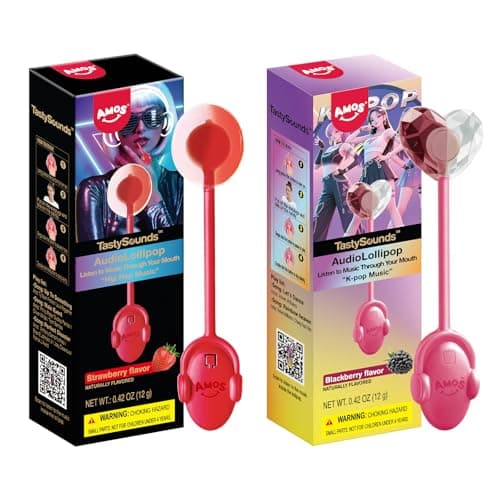 AMOS TastySounds Audio Lollipop 2-Pack Combo - Strawberry & Blacberry Flavors, Bone Conduction Music Candy with Earbud Design