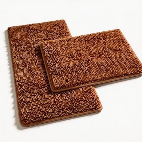 Champagne Chenille Bath Rug Set - 2 Piece Non-Slip Absorbent Shaggy Rugs, Bathtub Mat, Washable Bathroom Carpet for Tub, Shower, Washroom - 32x20 +