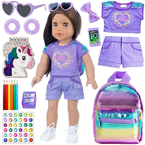 17 Pcs 18 Inch Girl Doll Clothes, Accessories & School Supplies Set | Purple Outfits, Backpack, Notebook, Pencil/Sharpener, Sunglasses, Phone, Hair