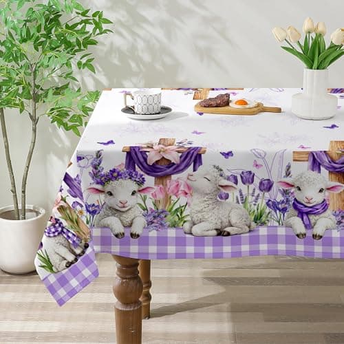 Easter Tablecloth 60x104 Inches - Easter Decorations for Home - Purple Plaid Spring Table Cloth Rectangle Cross and Lamb Farmhouse Decor for Home,