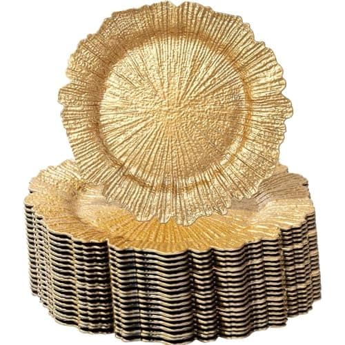 MDH 50 Pcs Gold Charger Plate 13 in Round Matte Reef Plate Charger Ruffled Rim Dinner Charger Hollow out Flower Holde (50)