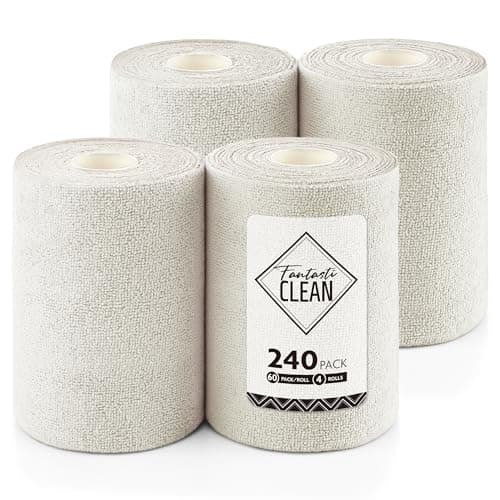 Fantasticlean Microfiber Cleaning Cloth Roll, 240 Pack, 8" x 8", Off-White | Tear Away Microfiber Towel Roll, Reusable Paper Towels, Rags for Kitchen,